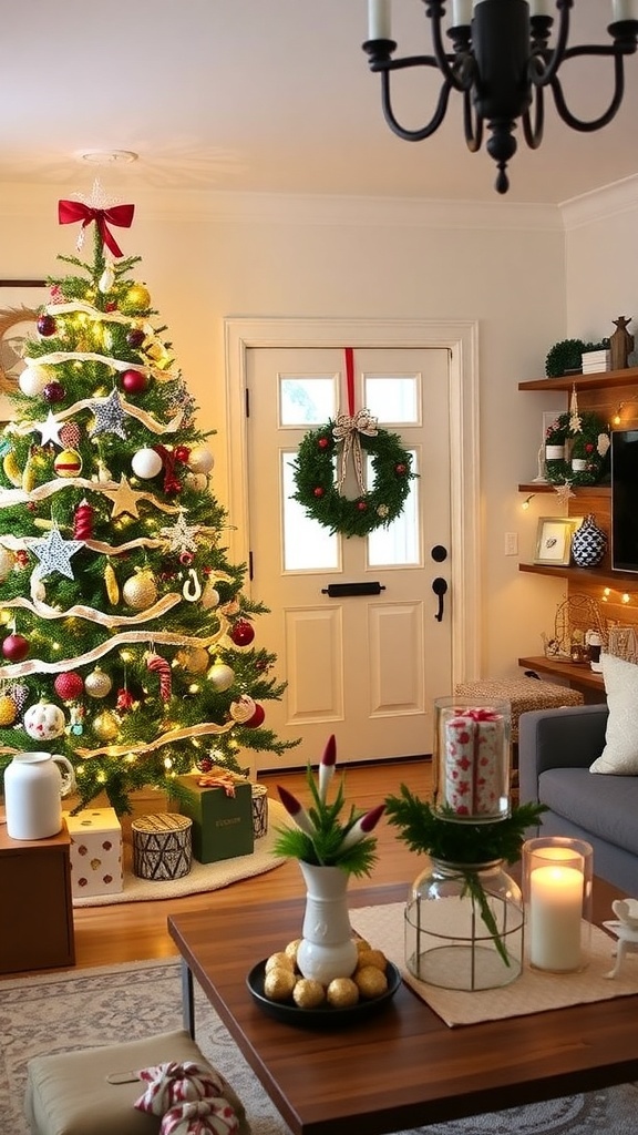 A festive living room with a decorated Christmas tree, wreath, and DIY decor.